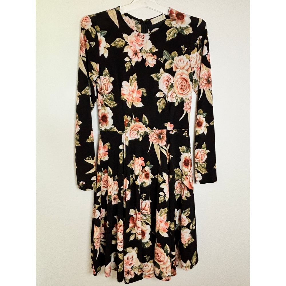 Altar'd State Black Floral Long Sleeve Fit and Flare Mini Dress Medium